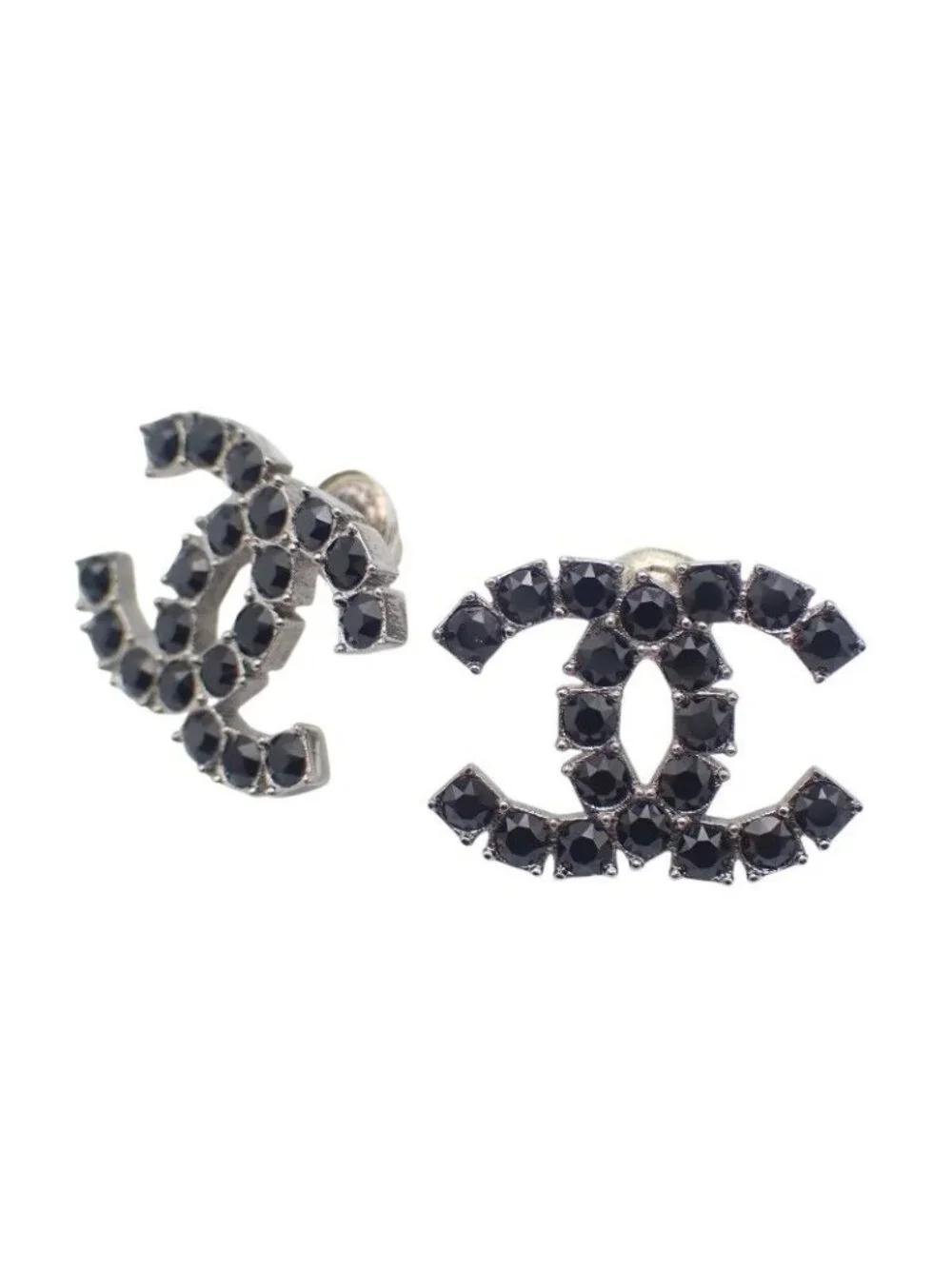 Chanel CC Logo Earrings 18 Metal Crystal Black Coco Silver Simple Rhinestone